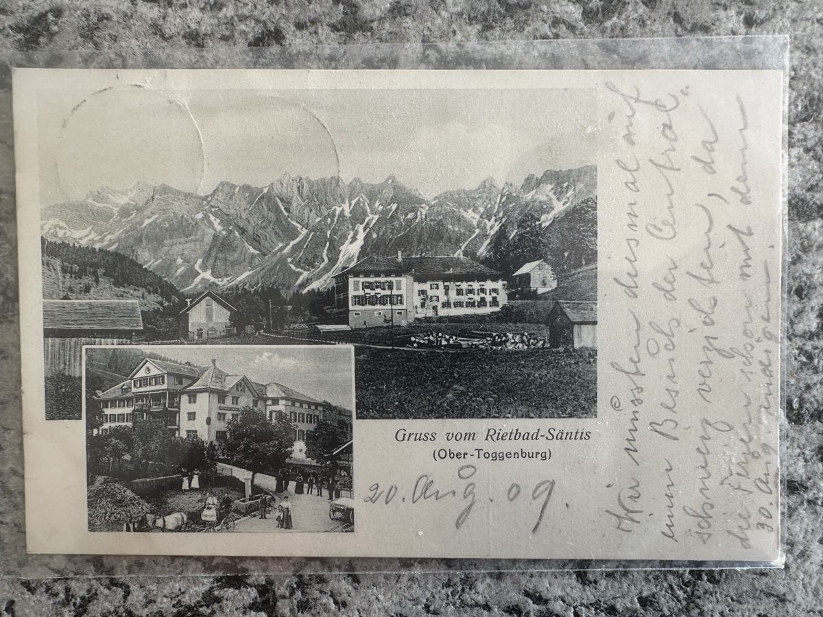 Ansichtskarten: Gruß vom Rietbad Säntis 1909 – Gebraucht aus Wettingen von Phibras