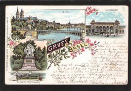 Lithografie Gruss aus Basel , gel. 1898