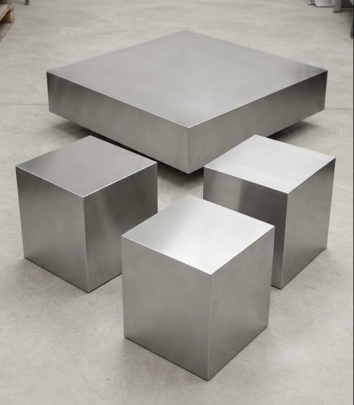 Set di tavolo e panche: Table basse et trois tabourets cube métal – Nuovo e nell'imballaggio originale da Genève venduto da yus_f8wf