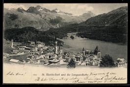 AK St. Moritz-Dorf, Gesamtansicht mit der Languardkette, um 