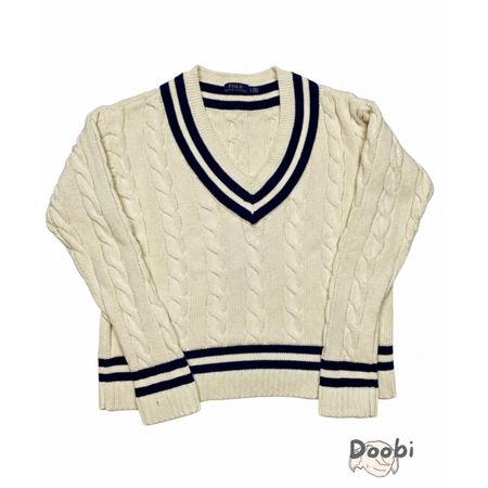 Pull Polo Ralph Lauren Cable-Knit Cricket crème bleu marine