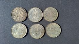 6 Stück 2 Franken Münzen Silber 1944 bis 1967