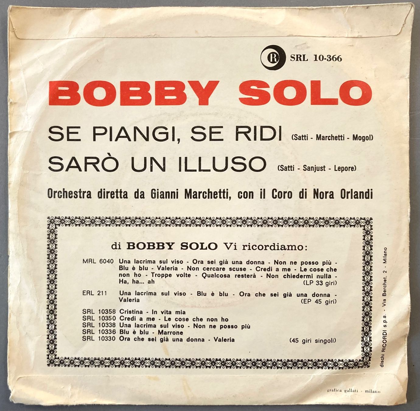 Dischi in vinile: BOBBY SOLO - SE PIANGI, SE RIDI – Usato da Poliez-Pittet venduto da Newtown-Records 1