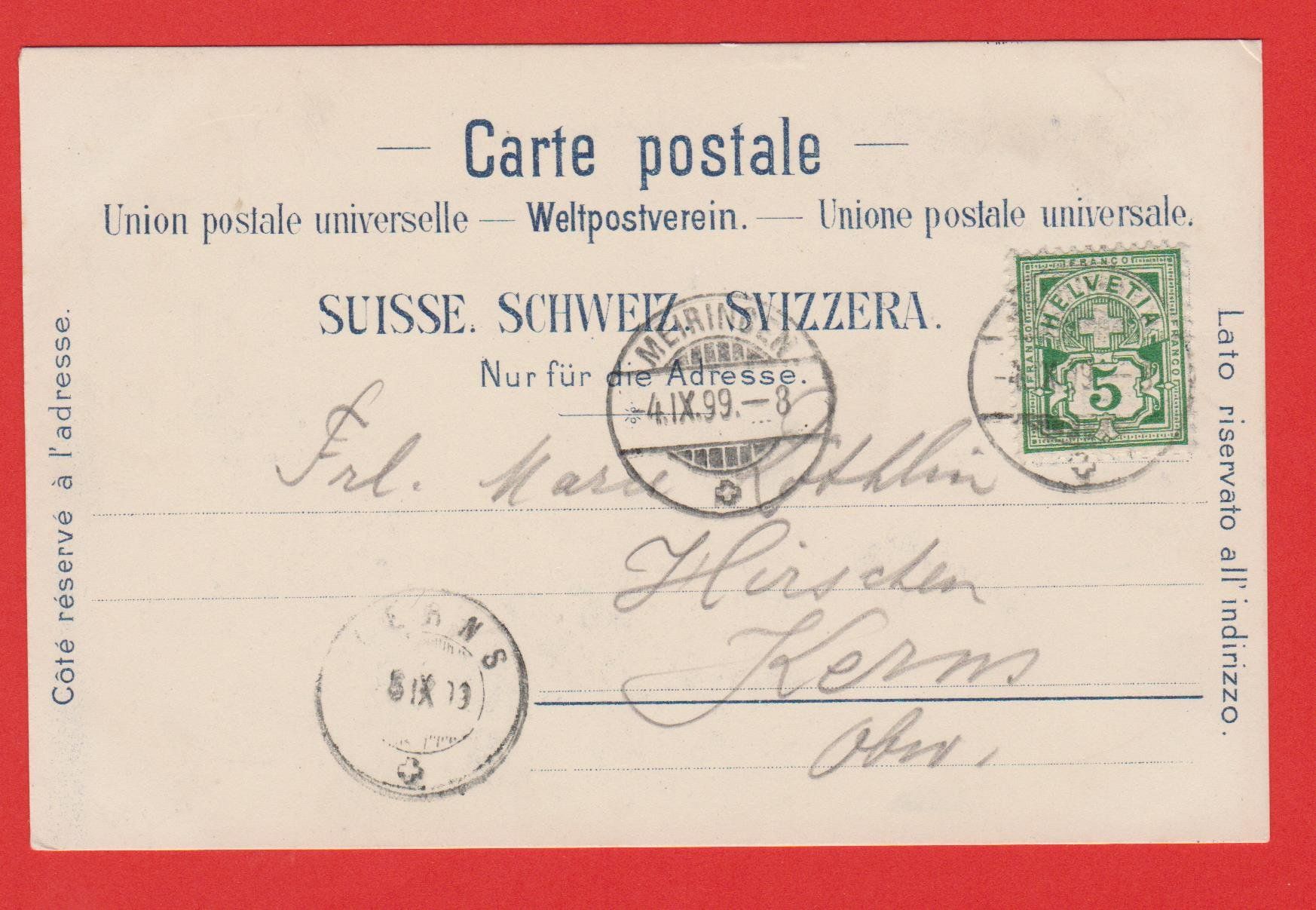 Cartoline postali: Meiringen mit Bahn   :   antike Ansichtskarte von 1899 – Usato da Vitznau venduto da Ropaku 1