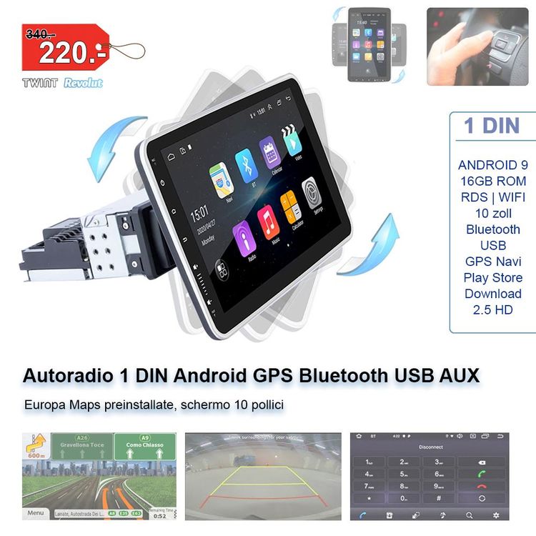Android 13 Autoradio, 1 DIN, 10 Zoll, 180° drehbarer Bildschirm in