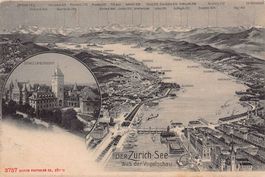 Vogelschau-AK Zürichsee, Kleinbild Landesmuseum, gel. 1908