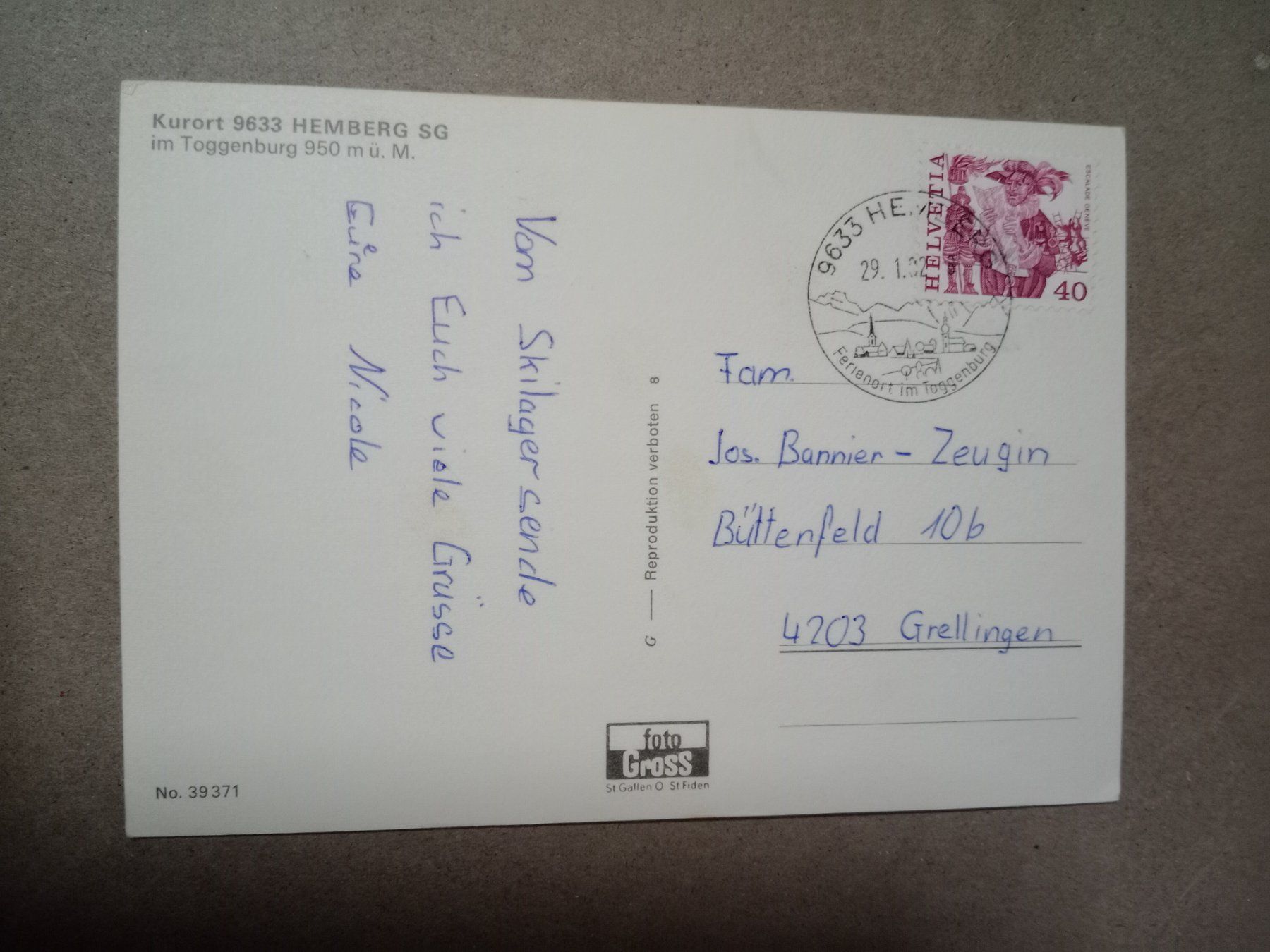 Cartoline postali: Ak Hemberg St.Gallen mit Skilift 1982 – Usato da Küttigen venduto da Melisch1000 1