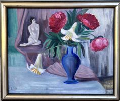 Signiertes Ölgemälde Stillleben mit Blumen & Frauenfigur – V
