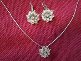 Schmuckset Collier mit Ohrringen Blumen Strass echtes Silber