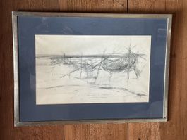 Dessin original Jean-Jacques Gut paysage bord de mer encadré