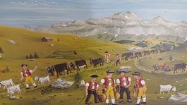 Alpaufzug Gemälde E. Oberhänsli Hochalp mit Säntis
