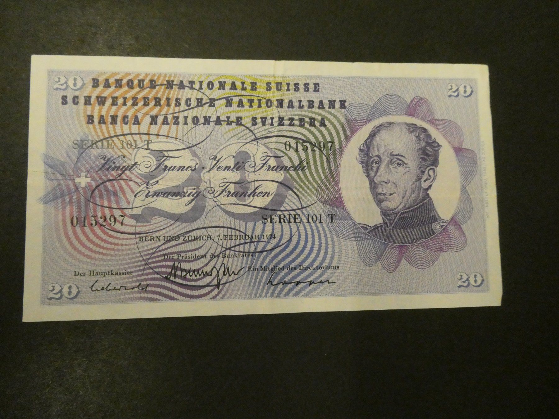 Banknoten: Schweiz 1974, 20 Franken – Gebraucht aus Hinterforst von Rohusri