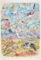 Fritz Hug, Lithographie "Vögel beschimpfen Waldkauz"