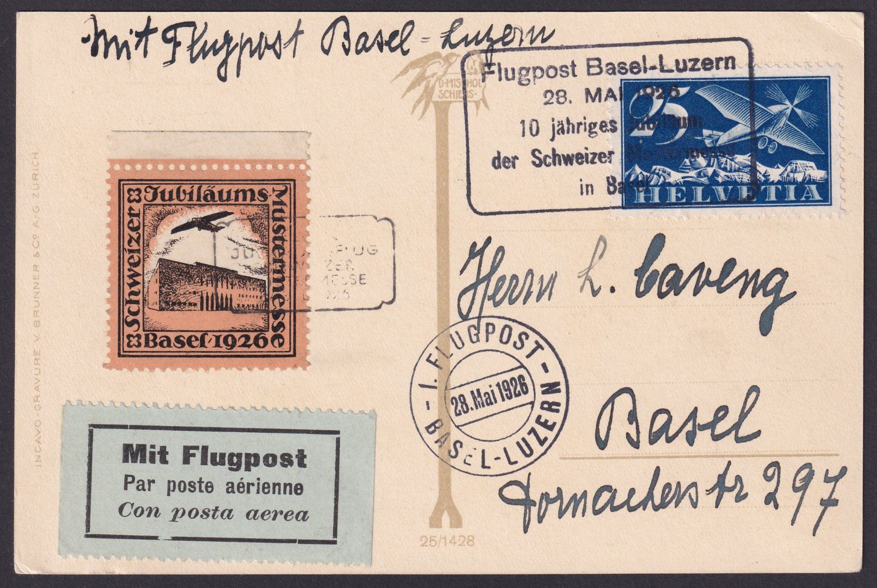 Tutti i francobolli: Flugspende Vignette 1926.2 Mustermesse BASEL auf Postkarte – Usato da Ebikon venduto da SilvioFreund