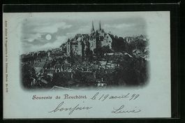 Mondschein-AK Neuchatel, Panorama mit Sc