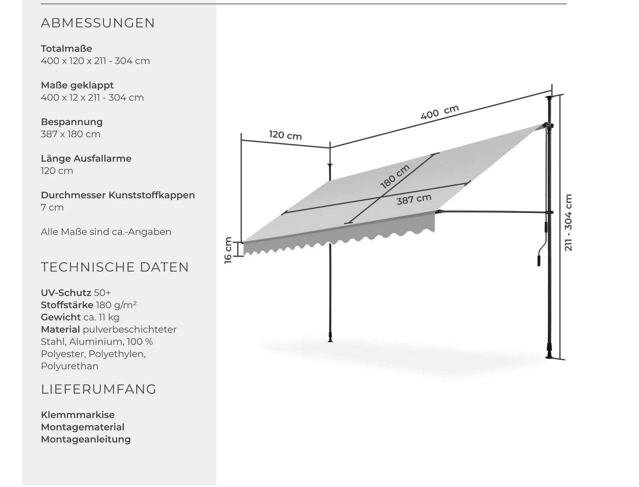 Markisen: Klemmmarkise hellgrau 400 x 180 cm – Neu (gemäss Beschreibung) aus Steinhausen von Retourenprofis 2