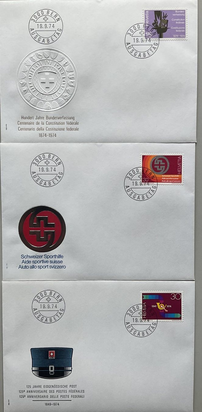 Alle Briefmarken: FDC 1974 mit Einzelmarken und Viererblöcken – Neu (gemäss Beschreibung) aus Luzern von 19primeln 6