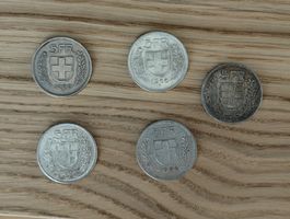 5x Schweizer 5 Franken Münzen 1954 bis 1968