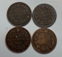 Vier Italienische 5 Centesimi Münzen, 3x 1861 + 1x 1867