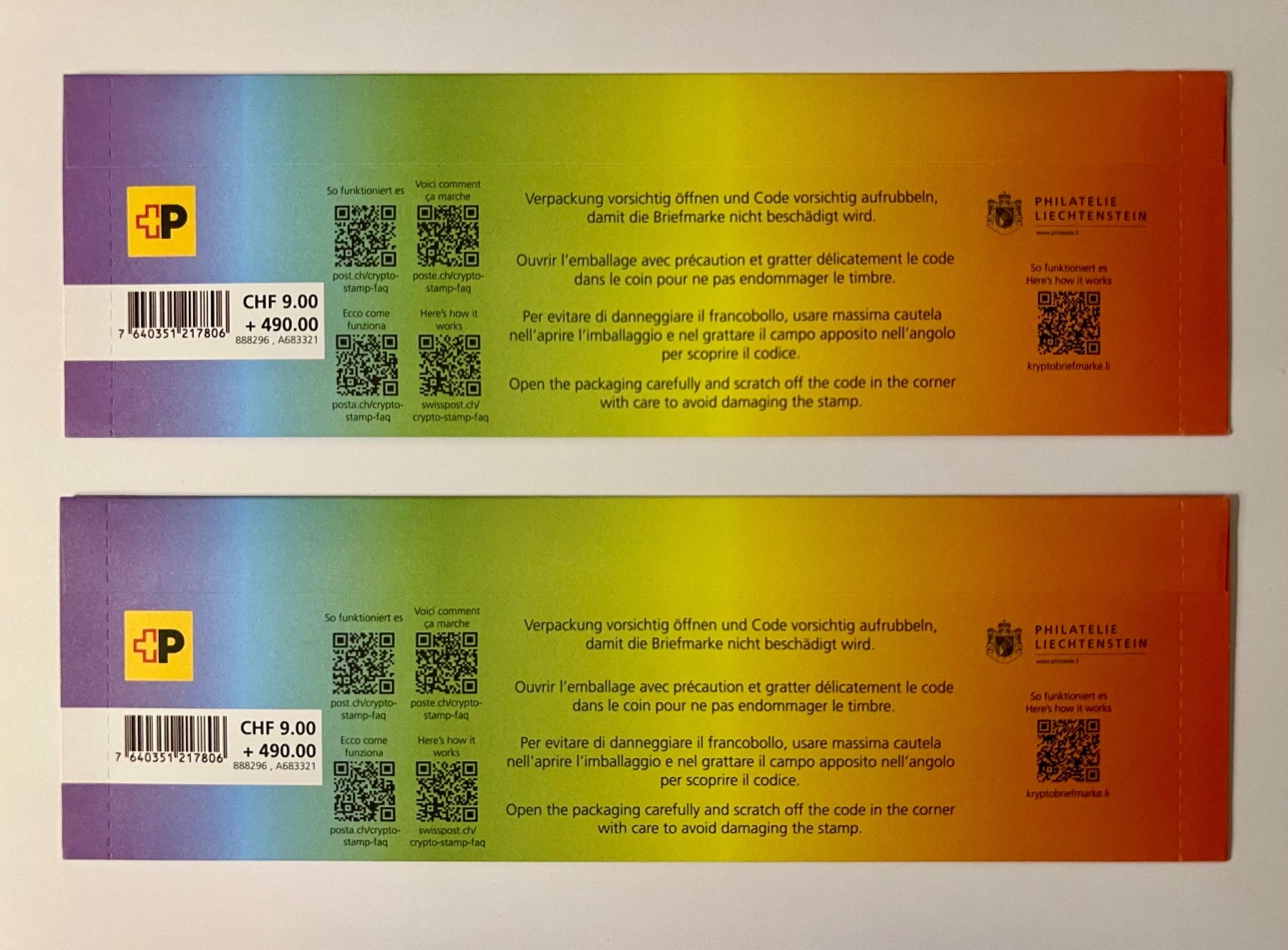 Tutti i francobolli: 2x Swiss Crypto Stamp CHLI 3.0 "Regenbogen" OVP – Nuovo e nell'imballaggio originale da Uster venduto da Aladin79 1