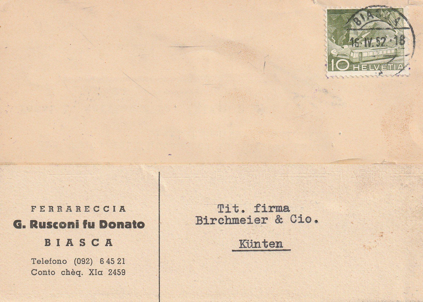 Alle Briefmarken: Postkarte-Biasca-1952 – Gebraucht aus uttwil von Koehlerfred