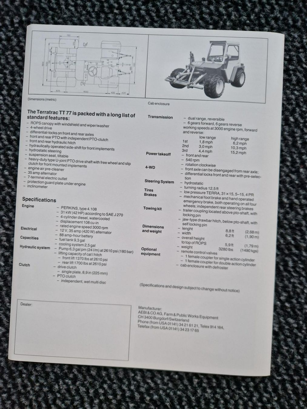 Aebi Trattori: Original Prospekt Aebi Terratrac TT77 Exportversion Englisch – Usato da Dürnten venduto da Bachtel84 2