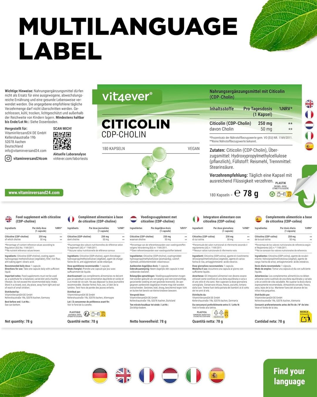 Cibi & Specialità: CDP Cholin 250mg 180 Kapseln vegan – Nuovo e nell'imballaggio originale da Suhr venduto da SchnapperCH 5