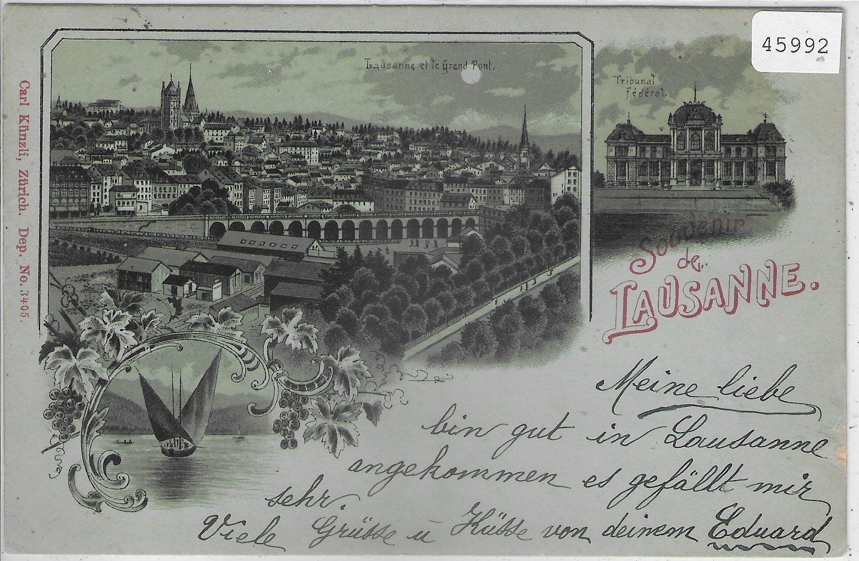 Cartoline postali: Souvenir de Lausanne - Mondschein-Litho – Usato da Ettingen venduto da Kartenplanet