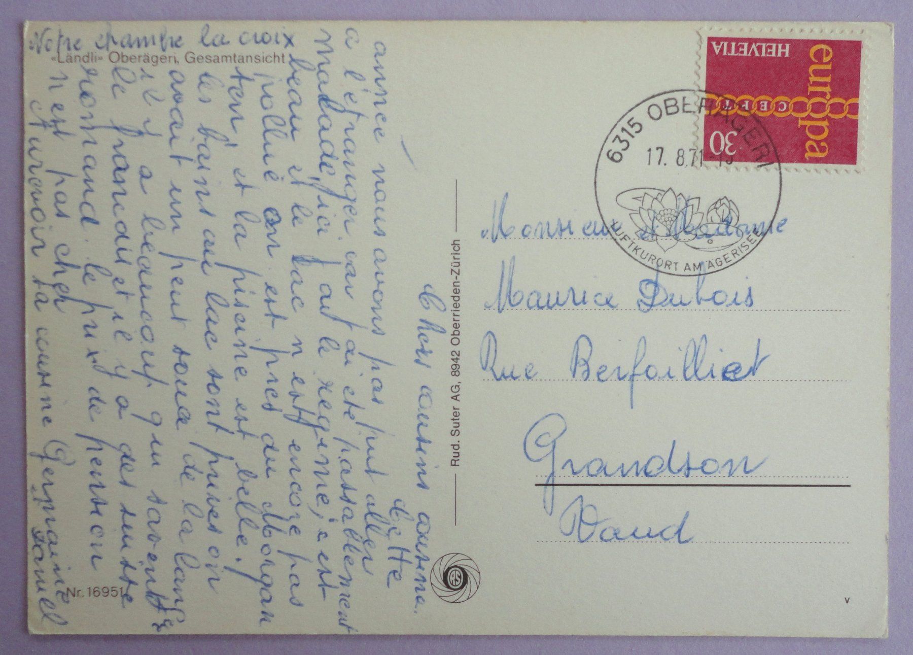 Cartoline postali: "Ländli" Oberägeri, Gesamtansicht – Usato da Fétigny venduto da Billy2miny 1