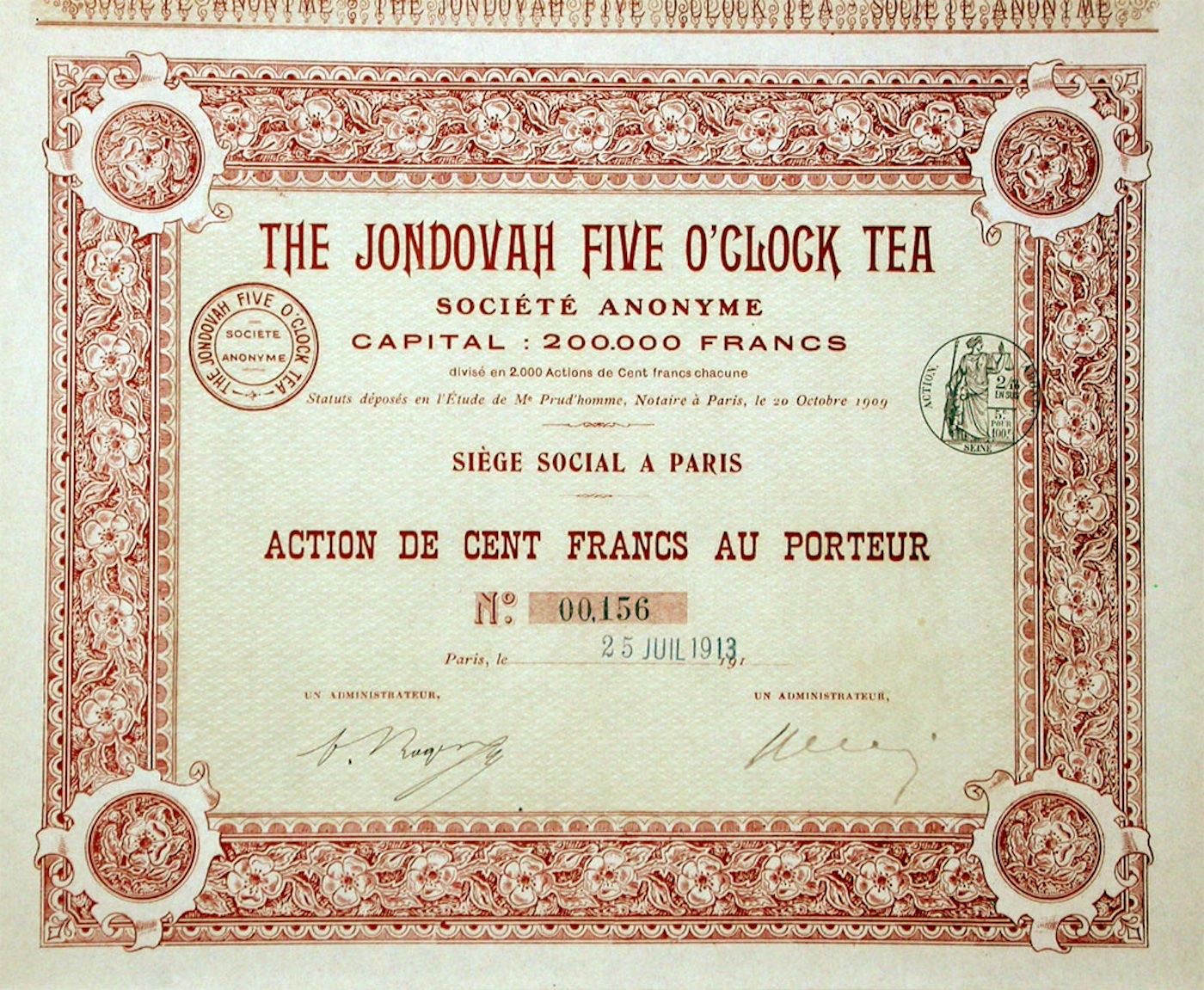 Dokumente: Jondovah Five o'Clock Tea, Paris - 1913 – Gebraucht aus Solothurn von Sgasche