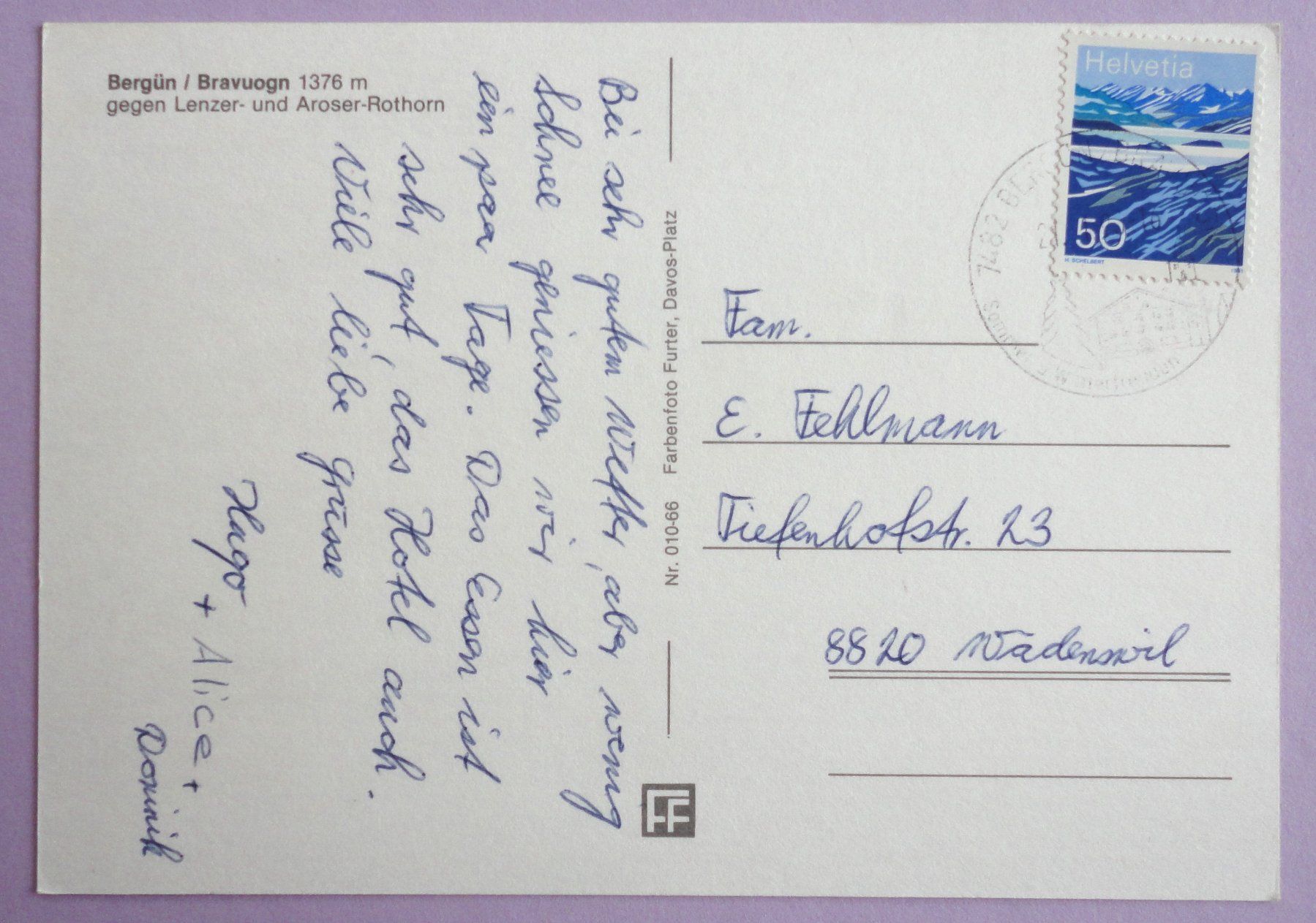 Cartoline postali: Bergün / Bravuogn 1376 m – Usato da Fétigny venduto da Billy2miny 1