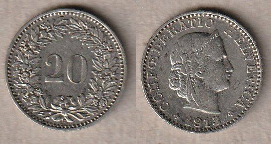 Alle Münzen: 20 Rappen 1913 – Gebraucht aus Allschwil von Coinfreak