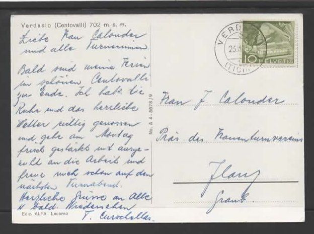 Ansichtskarten: VERDASIO , CENTOVALLI  1959  (L – Gebraucht aus Ruggell von Masescha 1