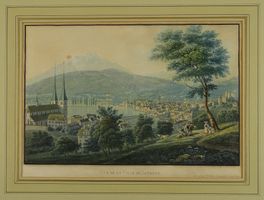 LUZERN GROSSE GESAMTANSICHT, ALTKOLORIERTE AQUATINTA UM 1860