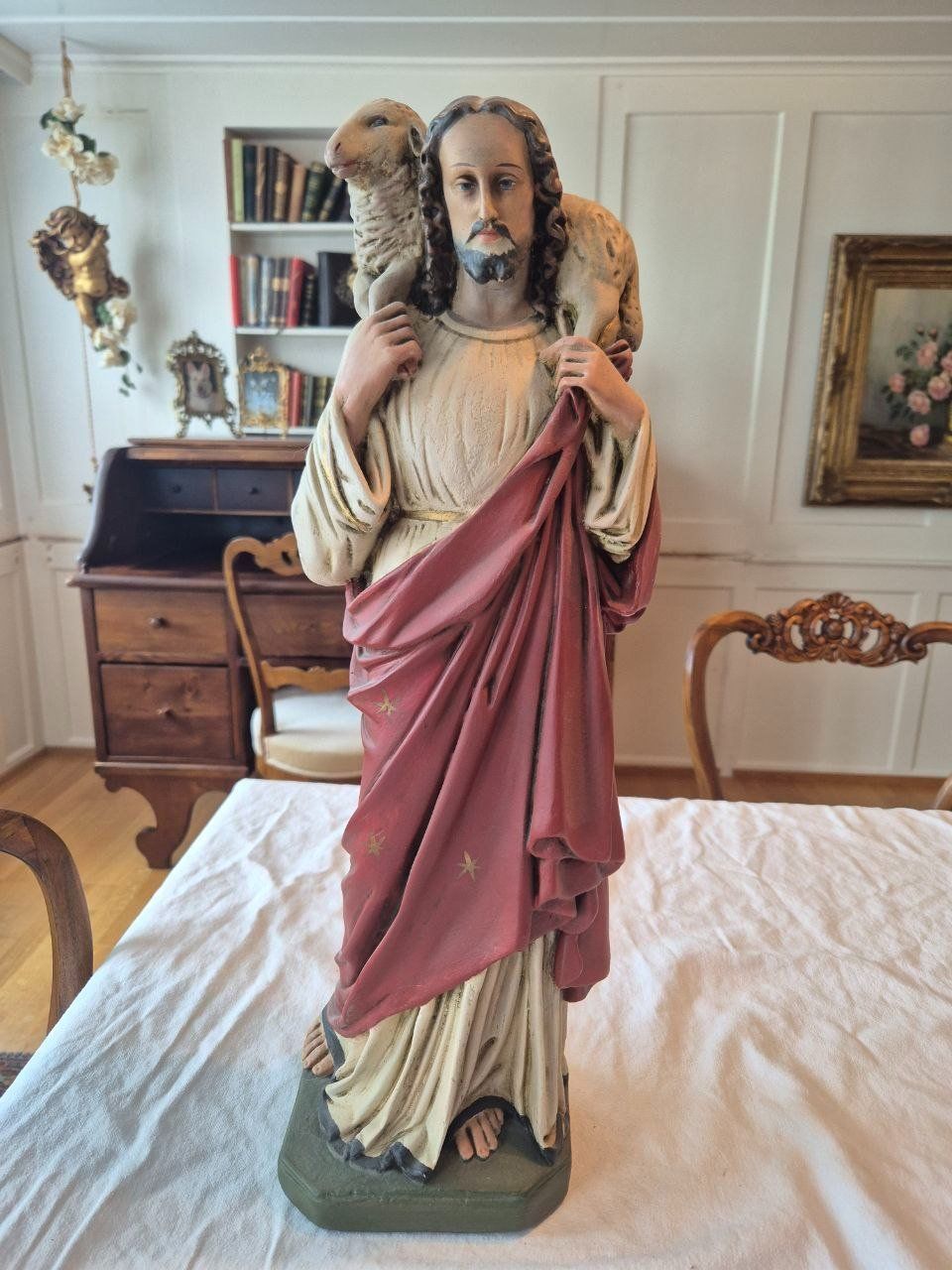 Statuette: Antike Jesusfigur mit Schaf Gips, ca. 1920 – Usato da Speicher venduto da Ramtha1 1
