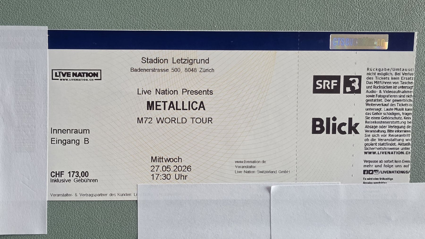 Biglietti: Metallica  M72 World Tour – Nuovo e nell'imballaggio originale da Pfäffikon ZH venduto da Pasch123