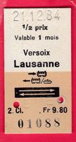 KARTON BILLETT VERSOIX - LAUSANNE, HALBTAX, RETOUR, 21.12.84