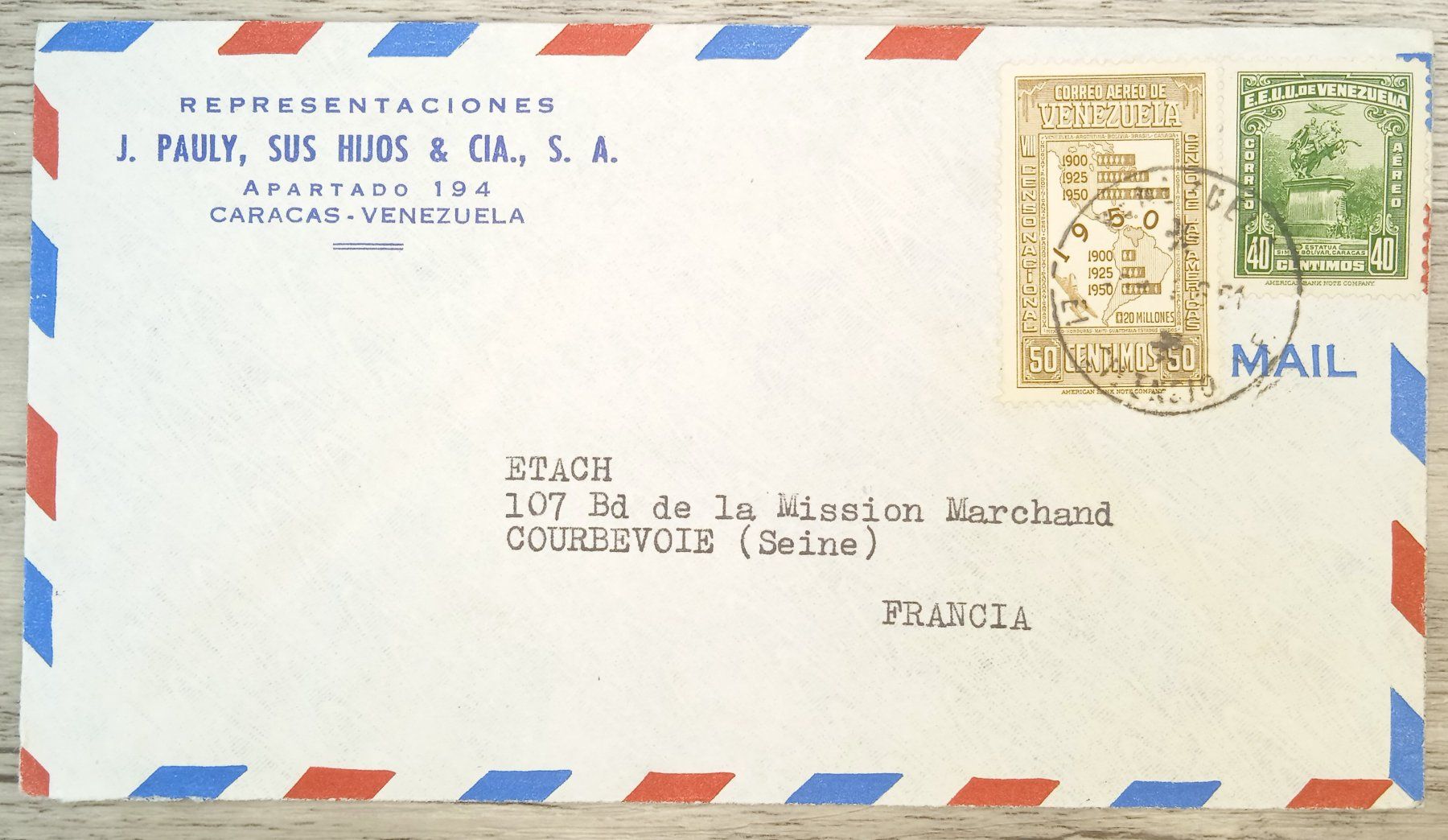 Tutti i francobolli: TR69 Enveloppe + Timbre Venezuela 1951 – Usato da Cousset venduto da Patrick_Collections