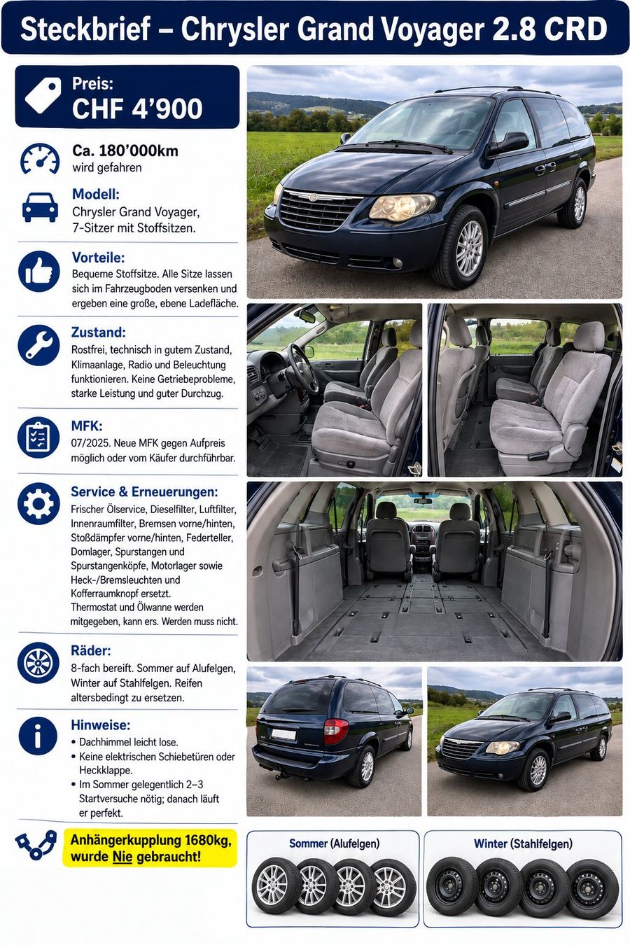 Chrysler Automobili: Chrysler Grand Voyager Van 7 Plätzer 2.8CRD mit AHK 1600Kg – Usato da Fruthwilen venduto da JanLoew95 3
