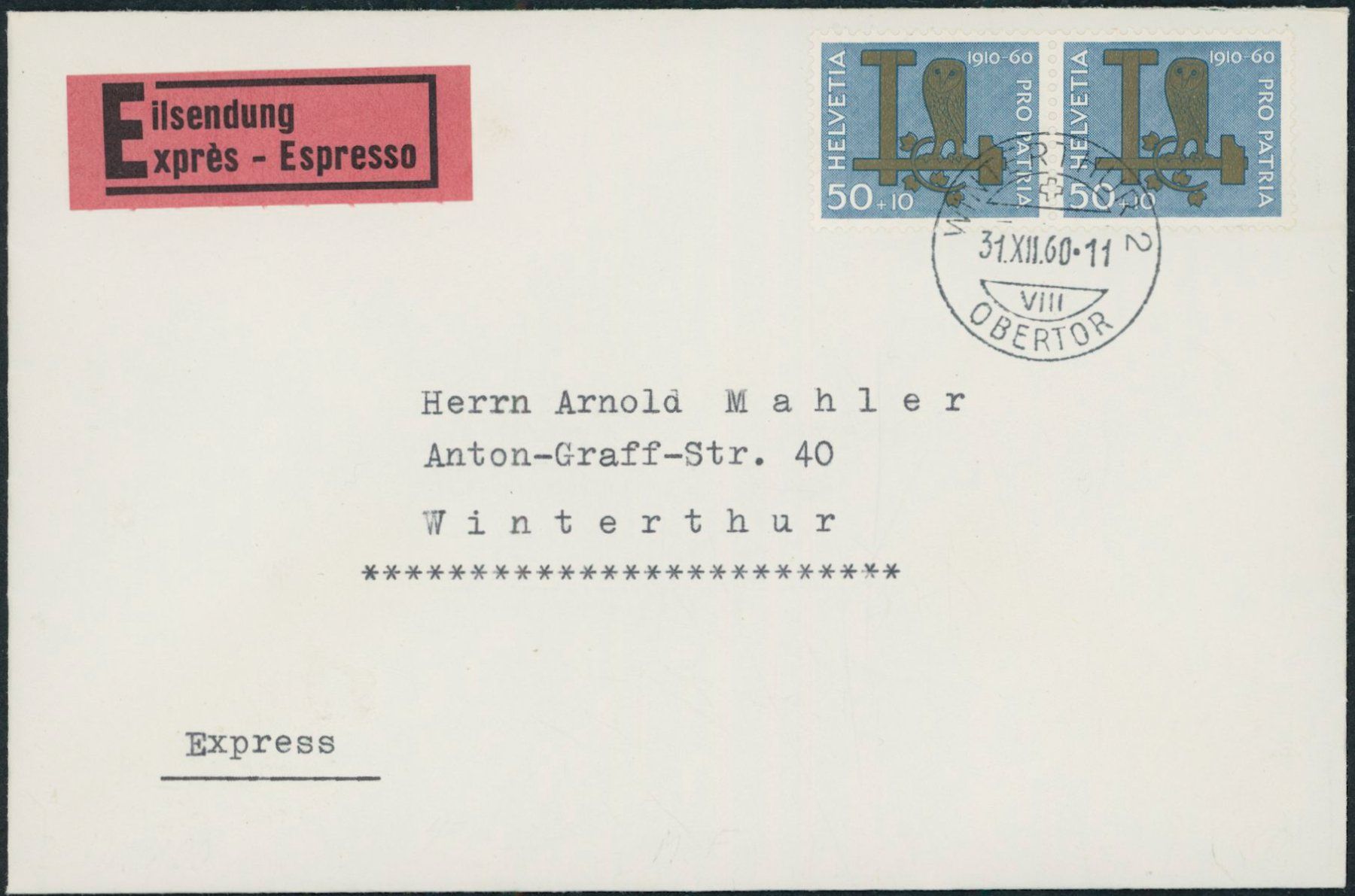 Tutti i francobolli: 1960 - Pro Patria - Brief - MeF – Usato da Schindellegi venduto da stationary