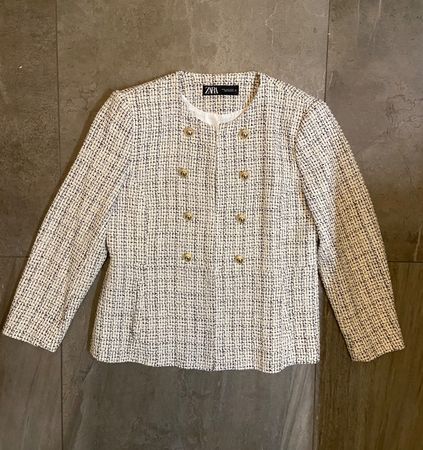 ZARA Veste tweed noir/blanc coton XL portée 1x