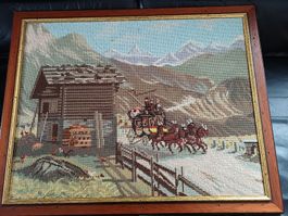 Wandbild Stickbild Gotthardpost Kutsche Schweiz Gobelin