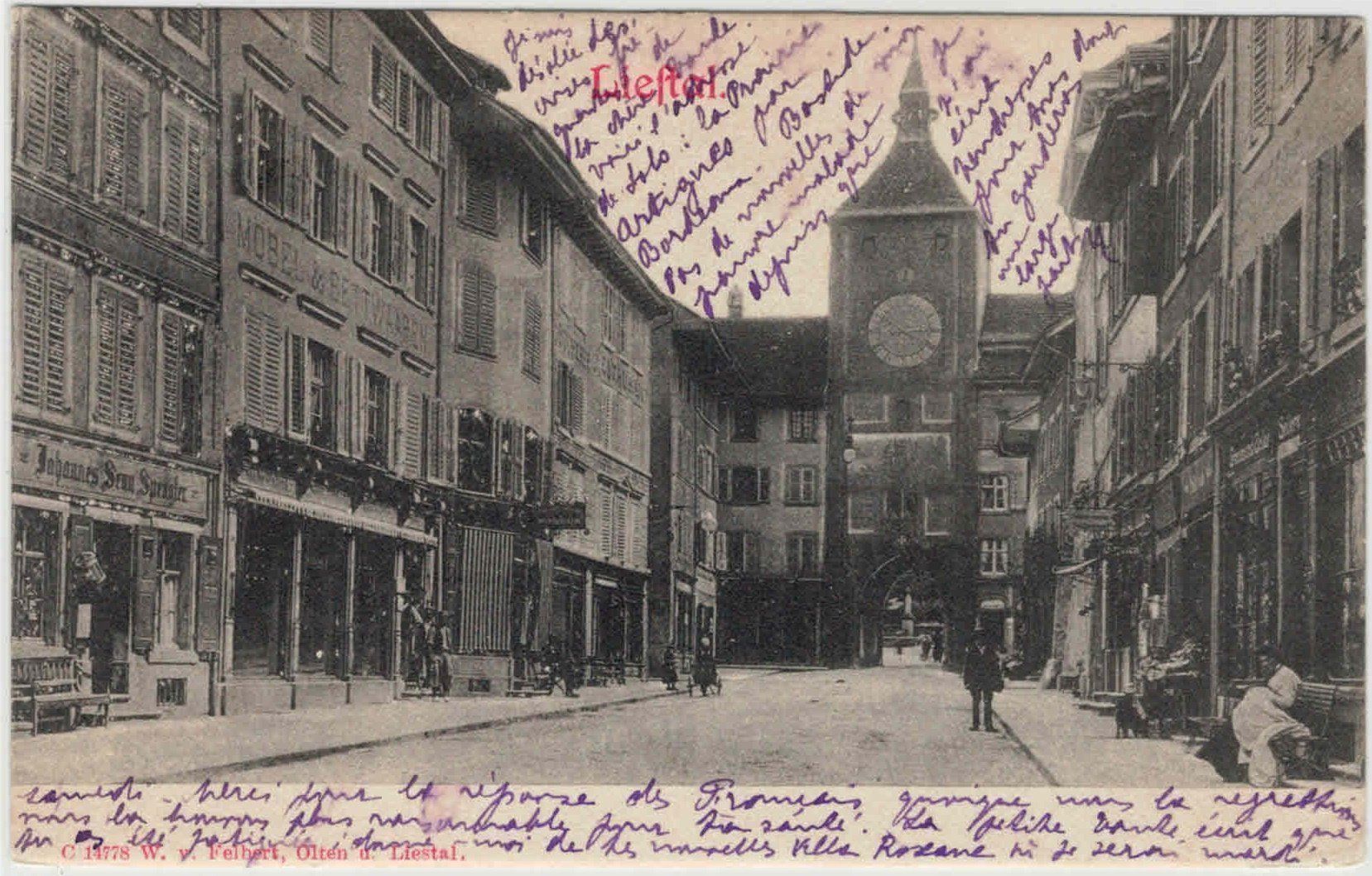 Cartoline postali: BL 63 Liestal Geschäfte belebt 1904 – Usato da Fribourg venduto da philafri
