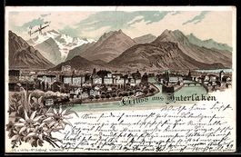 Lithographie Interlaken, Teilansicht, Schlumpf No. 345