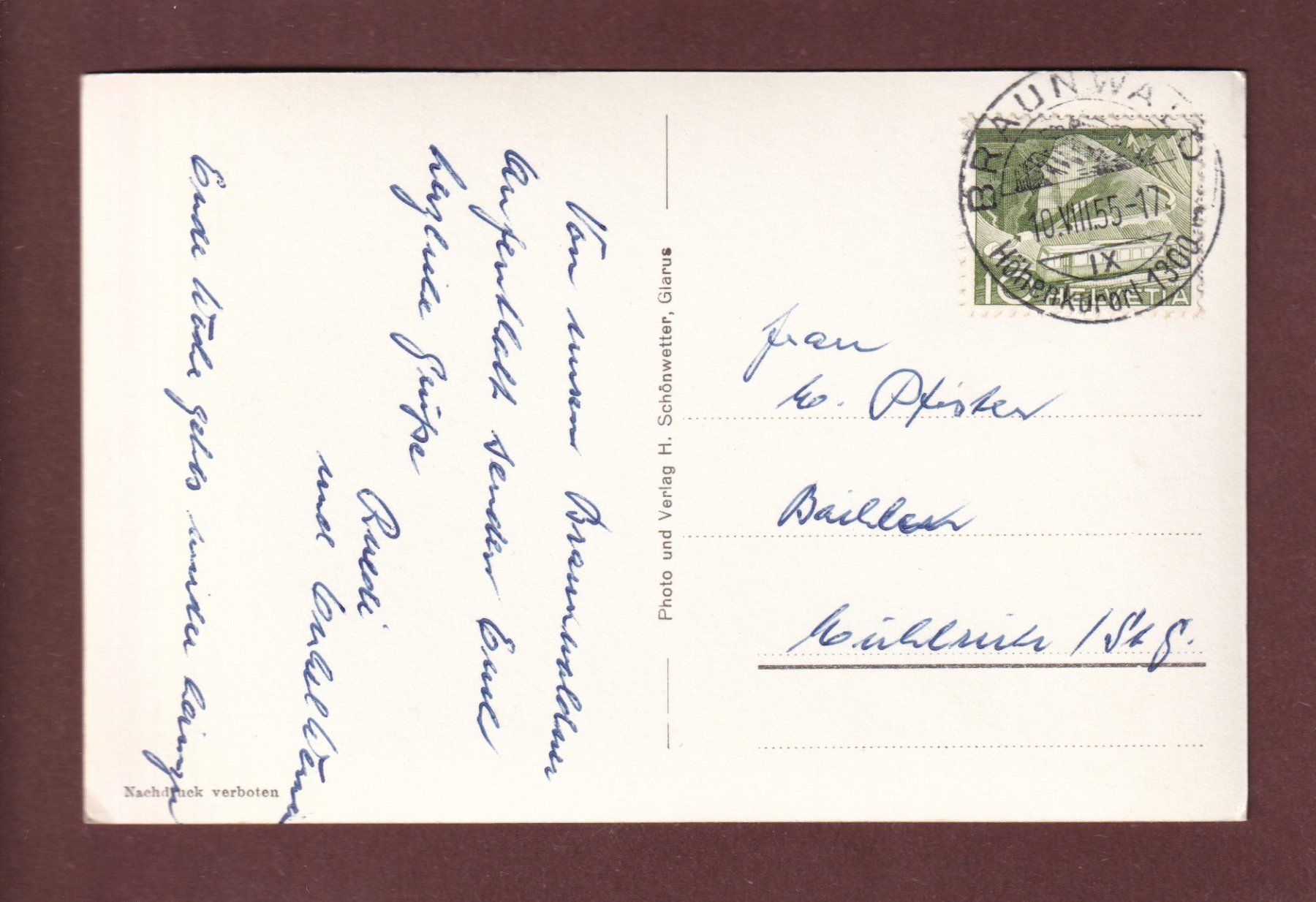Ansichtskarten: BRAUNWALD-TERRASSE - 1955 – Gebraucht aus Pully von nicecards-shop 1