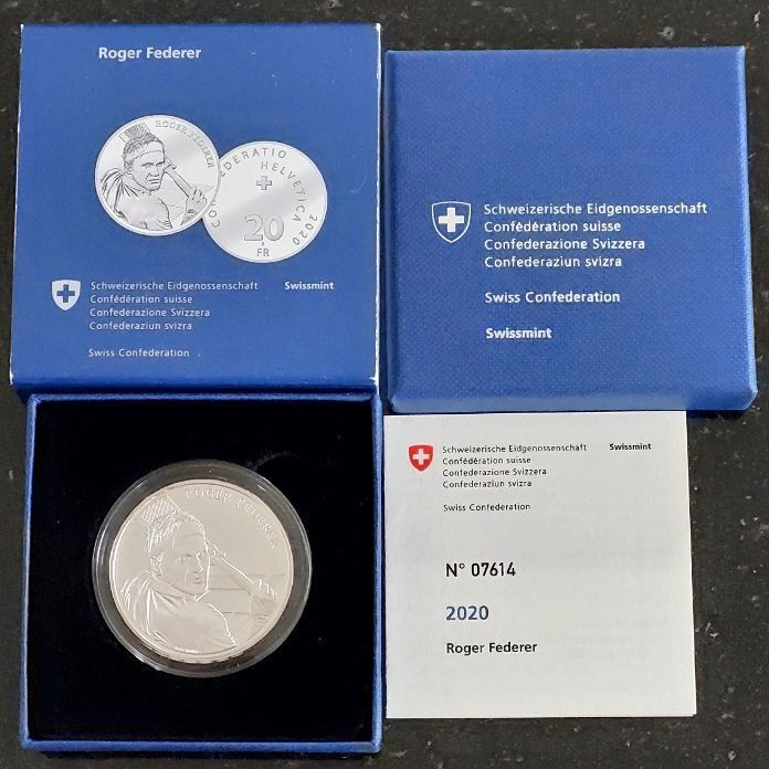 Alle Münzen: 20 Franken 2020 Silber pp Roger Federer Box – Neu (gemäss Beschreibung) aus Arch von moneyswiss