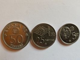 Lot de 3 pièces espagnoles 50, 25, 5 Pesetas 1980-1982