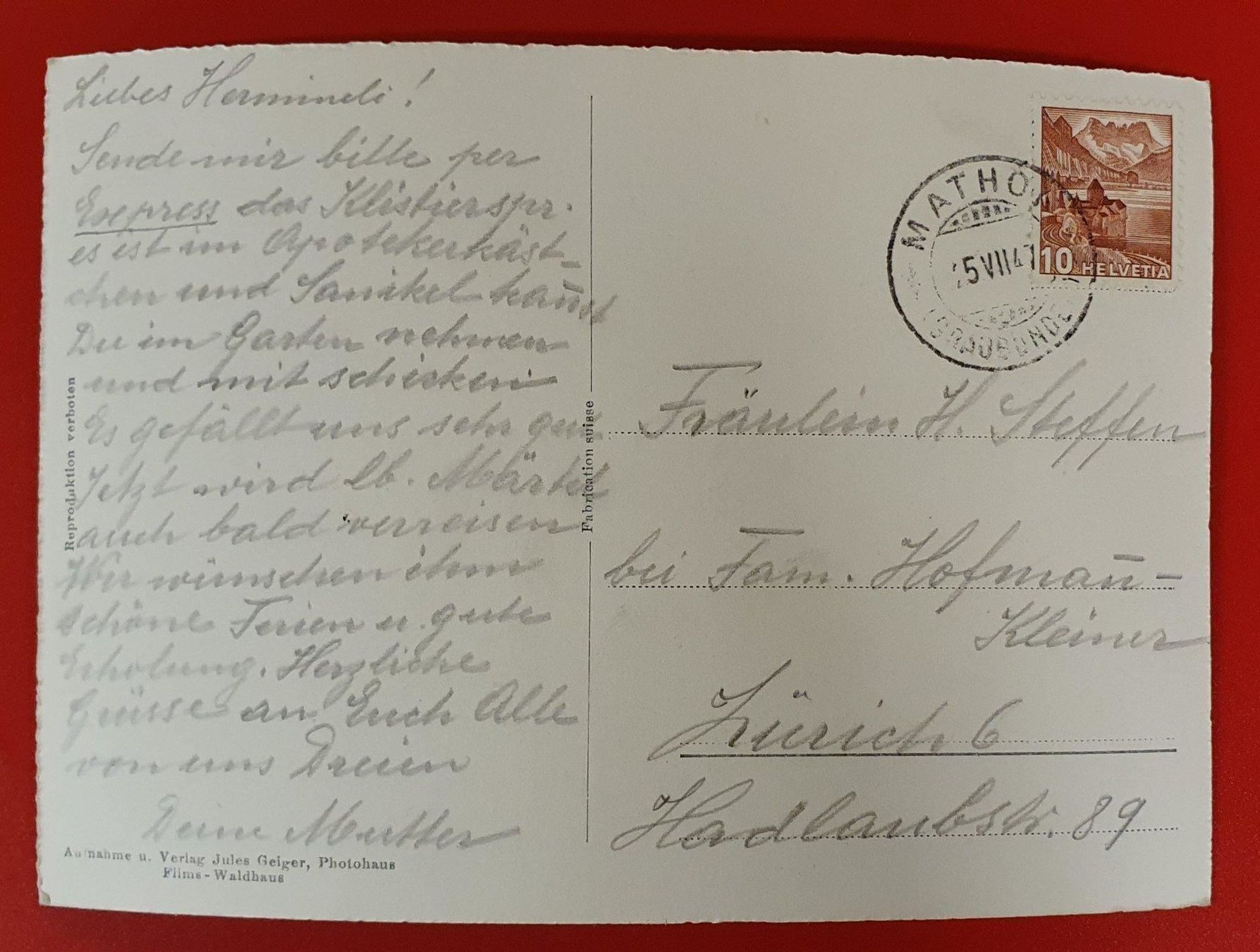 Cartoline postali: Mathon - (Schams) 1947 – Usato da Kreuzlingen venduto da Rschweiz1 1