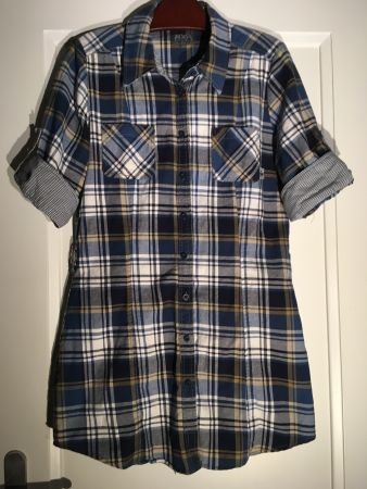 Vintage BlackBox KA Long Bluse kariert blau schwarz weiss S