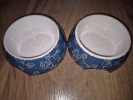 2x  Futternäpfe Blau Weiss mit Blättermuster